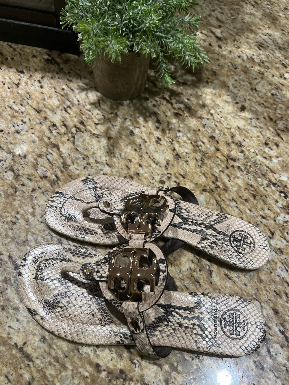 Tory Burch Python-Print Miller Sandals with Gold Logo 9.5M